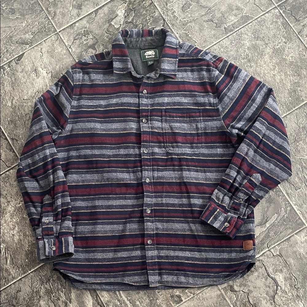 ROOTS Men's Cotton Casual Navy Gray Burgundy Striped Button-up Shirt Cottagecore